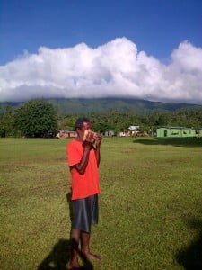 Eroni is the chef of the village who has blown the Triton shell to call the volunteers to get ready for the days surveys
